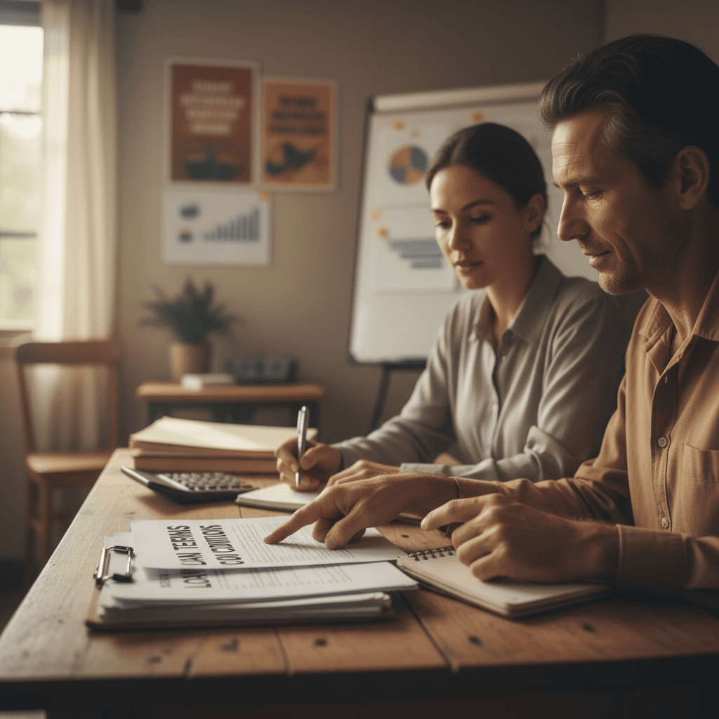 Loan officer and small business owner reviewing financial documents together at wooden desk in community office