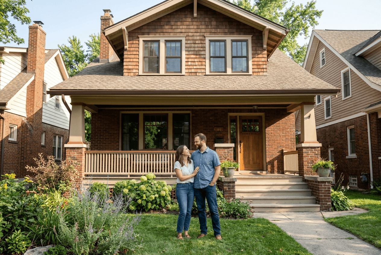 A smiling couple stands in front of a two-story brick and wood-shingled Craftsman-style house with a large front porch.